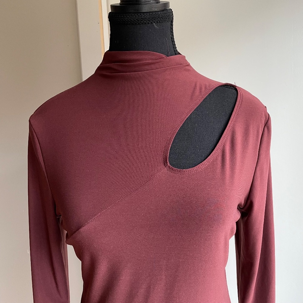 Mock Neck Long Sleeve.Brown Top with Cut out at chest/shoulder